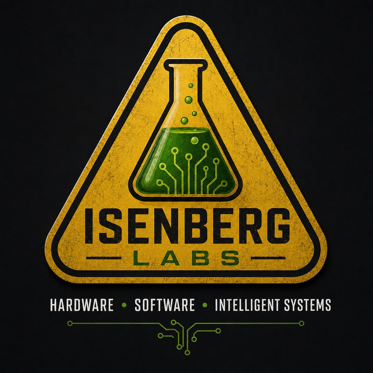 Isenberg Labs logo featuring a laboratory flask inside a yellow warning sign